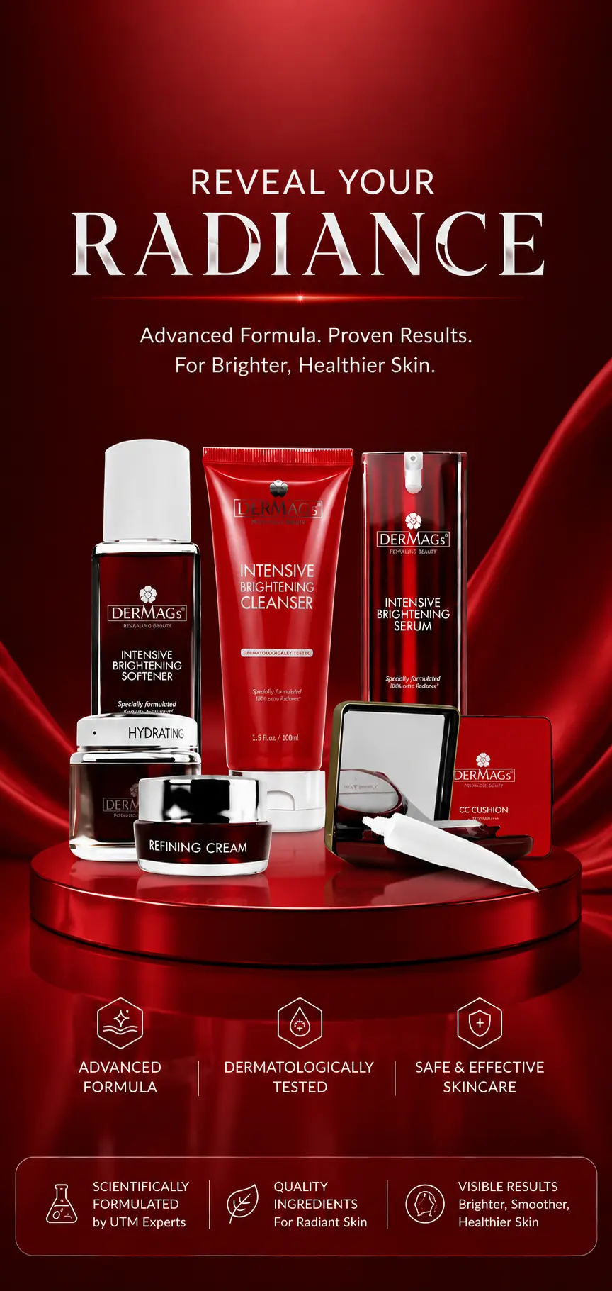 DerMAGs Skincare menampilkan rangkaian produk penjagaan kulit termasuk Intensive Brightening Cleanser, Softener, Serum, Hydrating Moisturiser, Refining Cream dan BB Cushion.